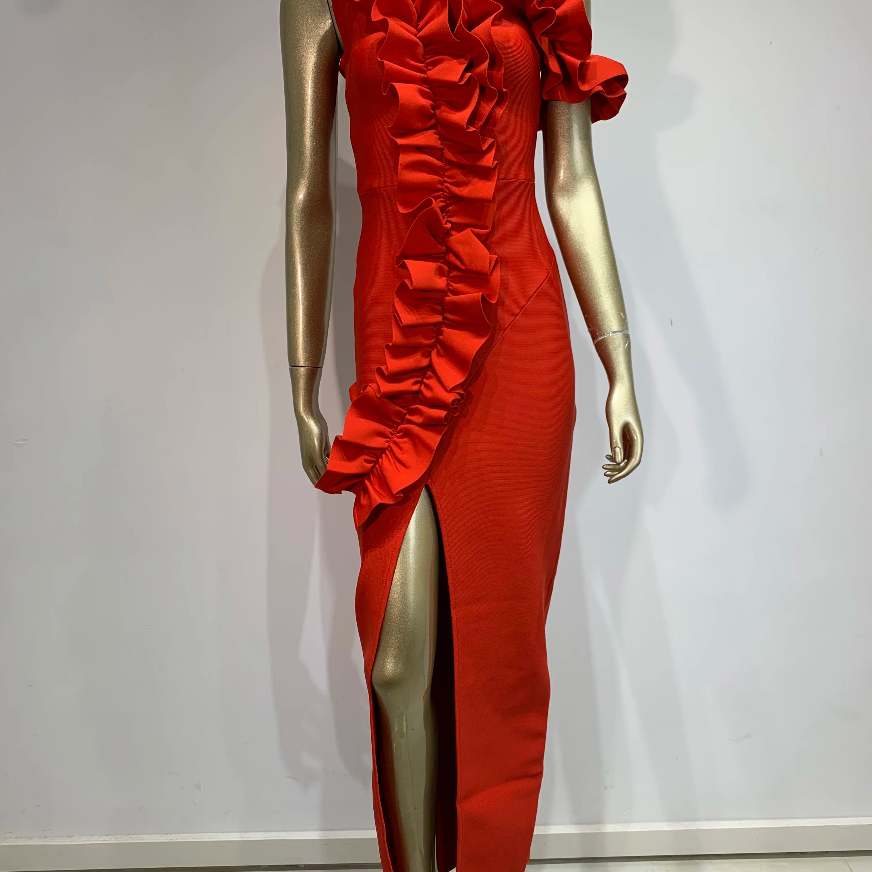 Women Celebrity Sexy Off Shoulder Ruffles Black Red Split Midi Bodycon Bandage Dress 2024 Elegant Evening Club Party Outfit