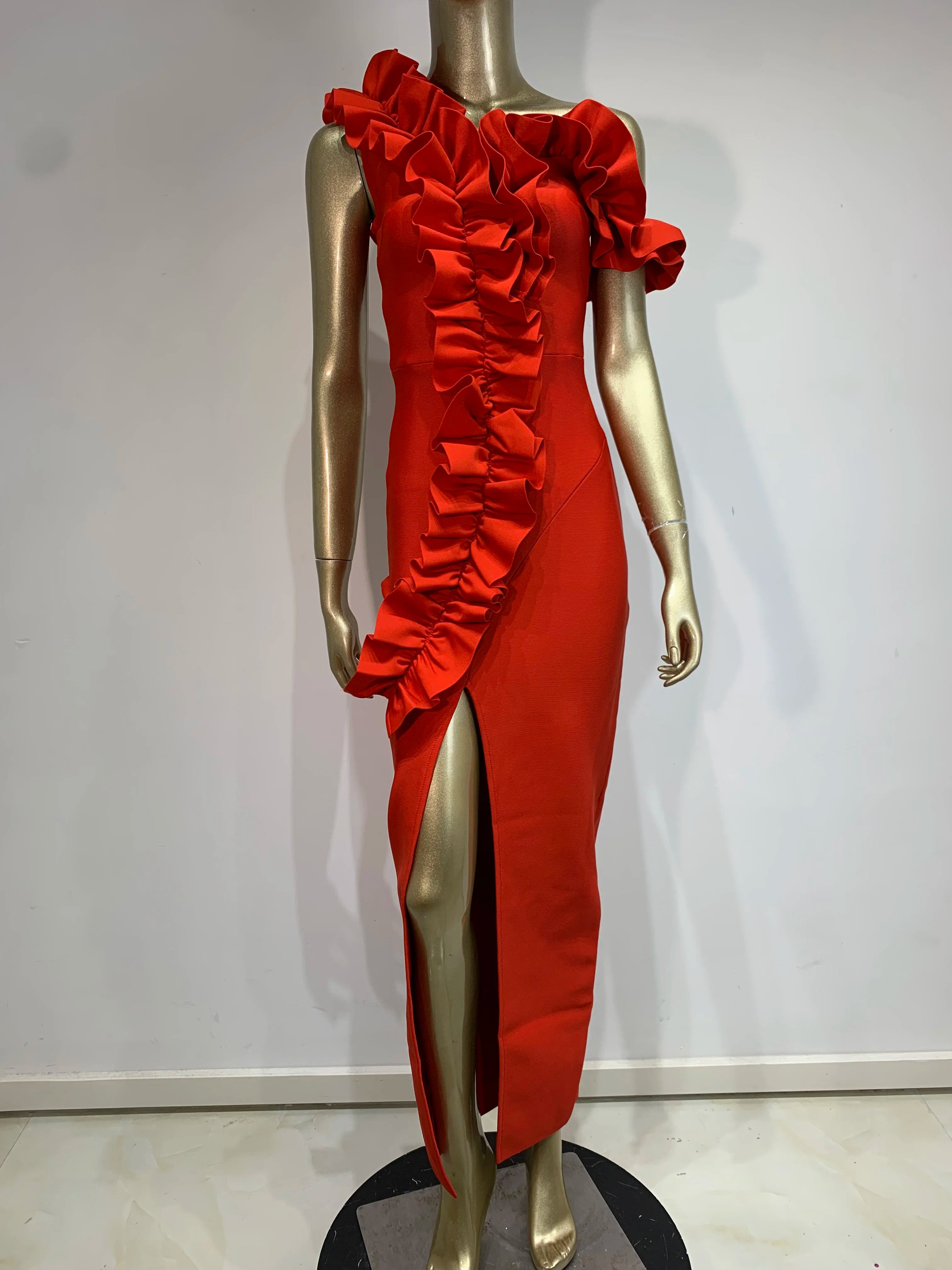 Women Celebrity Sexy Off Shoulder Ruffles Black Red Split Midi Bodycon Bandage Dress 2024 Elegant Evening Club Party Outfit