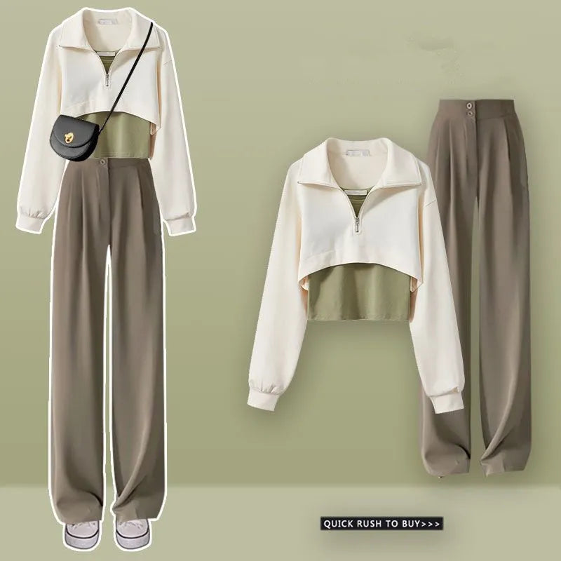 Women Spring Autumn Fashion Zipper Sweatshirt Vest Wide Leg Pants 1 or 3 Piece Set Lady Casual Tops Trousers Outfits 2024 Suits