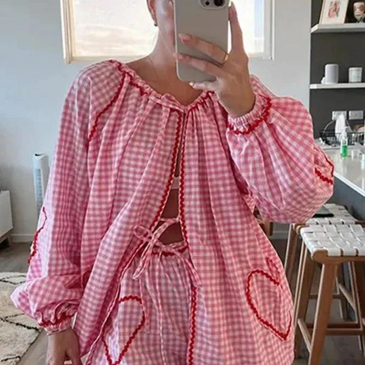 Women Heart Pocket Plaid Shirt Pants Set Casual Lantern Sleeve Lace Up Blouse 2 Piece Sets Summer Loose Drawstring Pants Set pink short suit