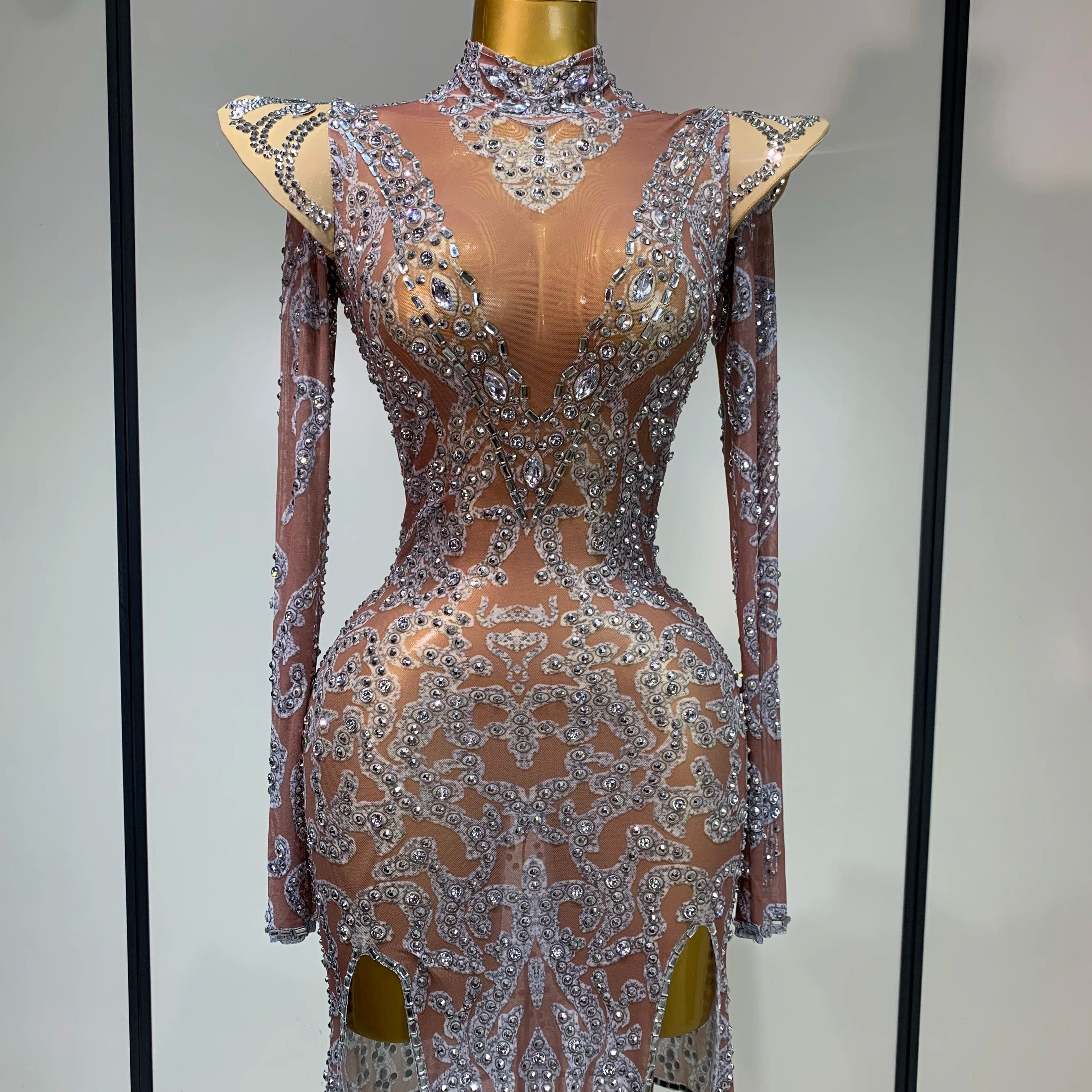 Women Shiny Rhinestones Mesh Transparent Mini Dress Luxury Birthday Celebrate Photoshoot Dress Singer Stage Drag Queen Costume Dark Brown