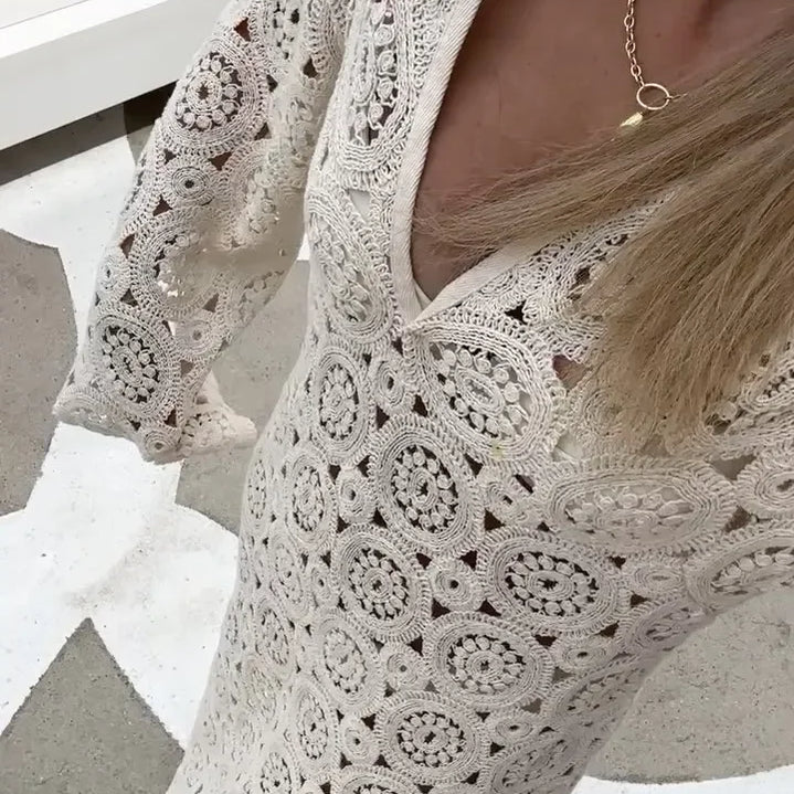 Casual Knit Hollow Out Patchwork Maxi Dress For Women O-neck High Waist Drawstring Lantern Sleeve Dresses Summer Beach Lady Robe