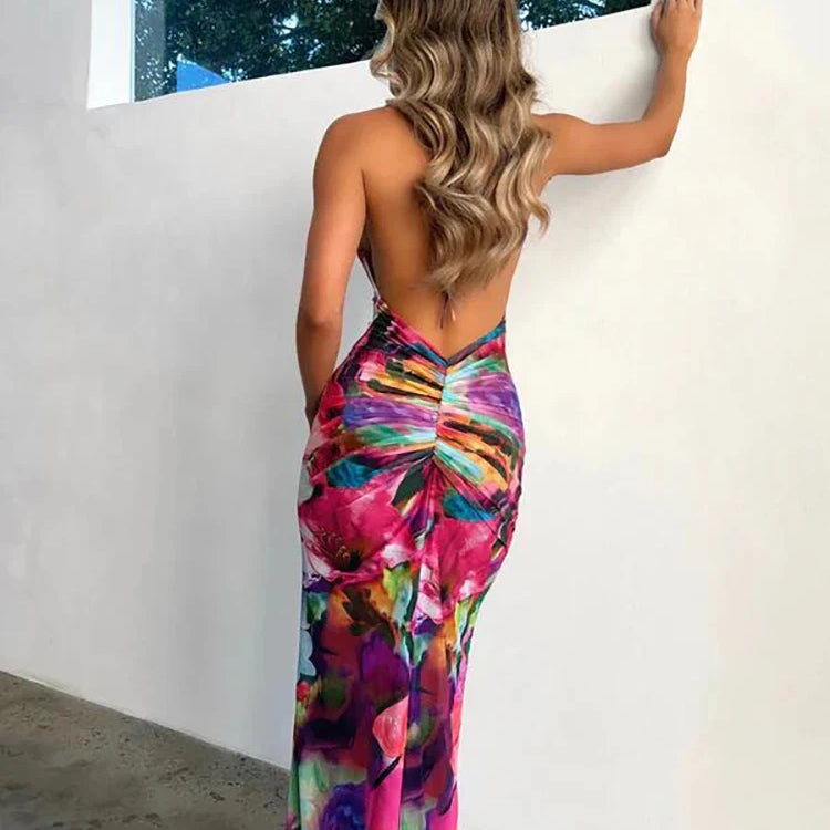 Weird Puss Backless Halter Women Dress Flower Print Low Chest Sheer Sexy Bodycon Seaside Party Beach Vacation Peach Hip Vestidos