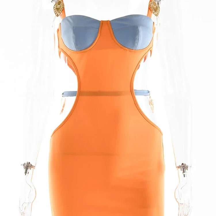 Articat Metal Shell Spaghetti Strap Women Dress Orange Patchwork Hollow Out Maxi Dress Female Skinny Elegant Party Clubwear 2022
