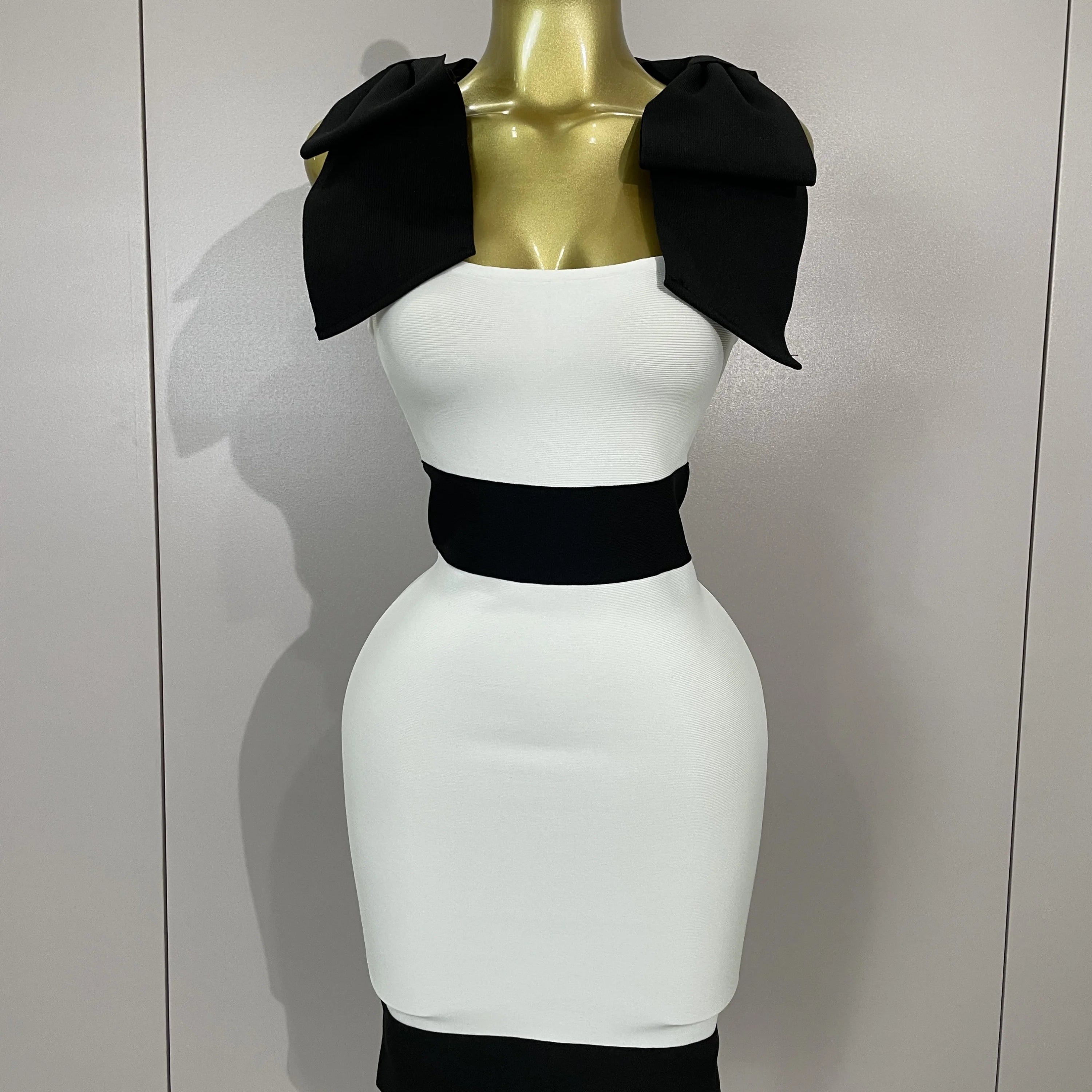 Sexy Bow Tie Black White Patchwork Bodycon Bandage Dress 2025 Women Celebrity Elegant Evening Club Party Birthday Dresses black