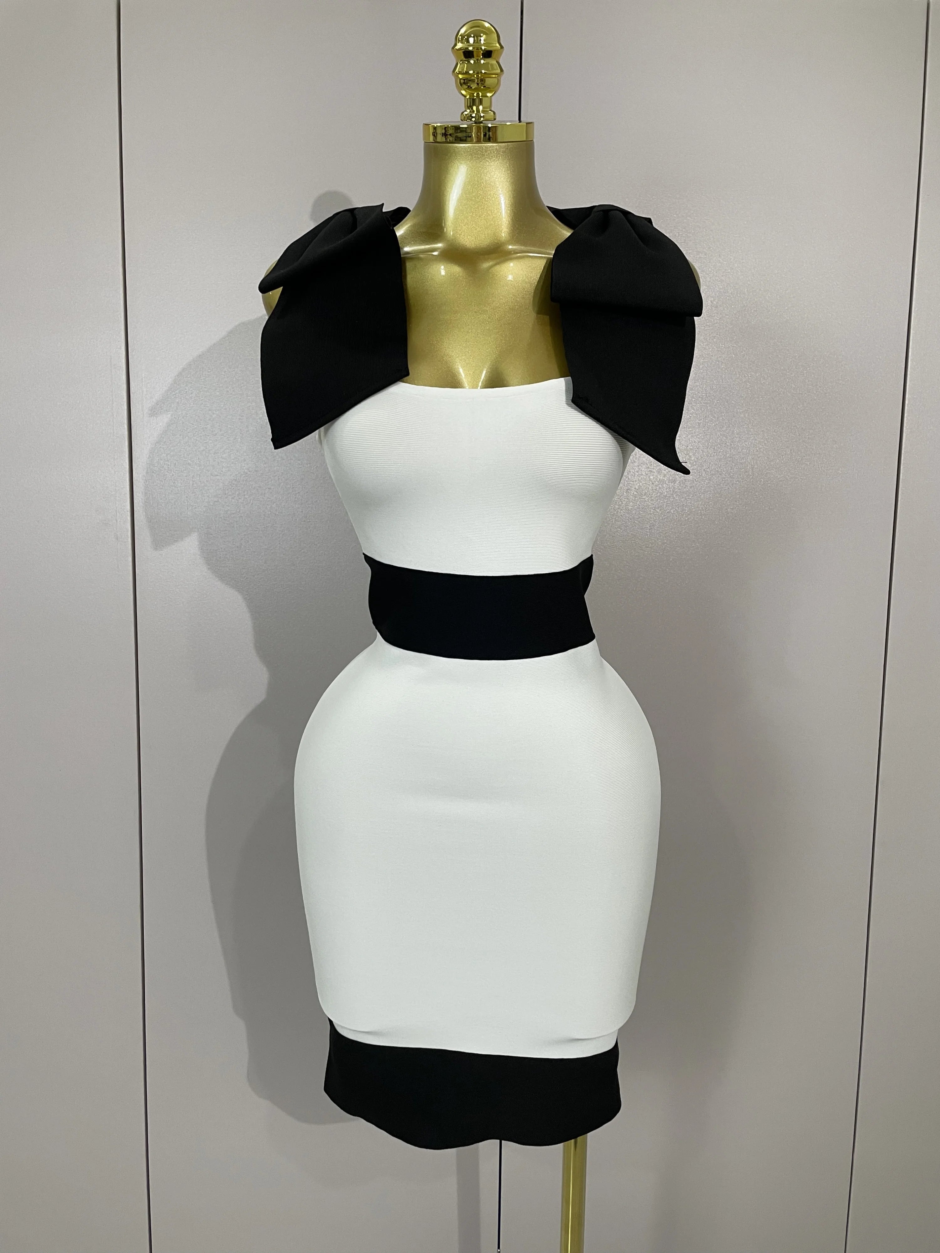 Sexy Bow Tie Black White Patchwork Bodycon Bandage Dress 2025 Women Celebrity Elegant Evening Club Party Birthday Dresses black