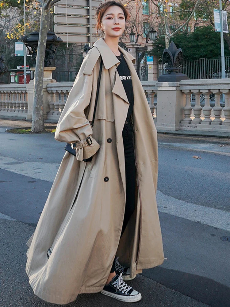 Spring Autumn Extra Long Flowy Oversized Casual Trench Coat for Women Belt Double Breasted Loose Korean Fashion 2022 Khaki