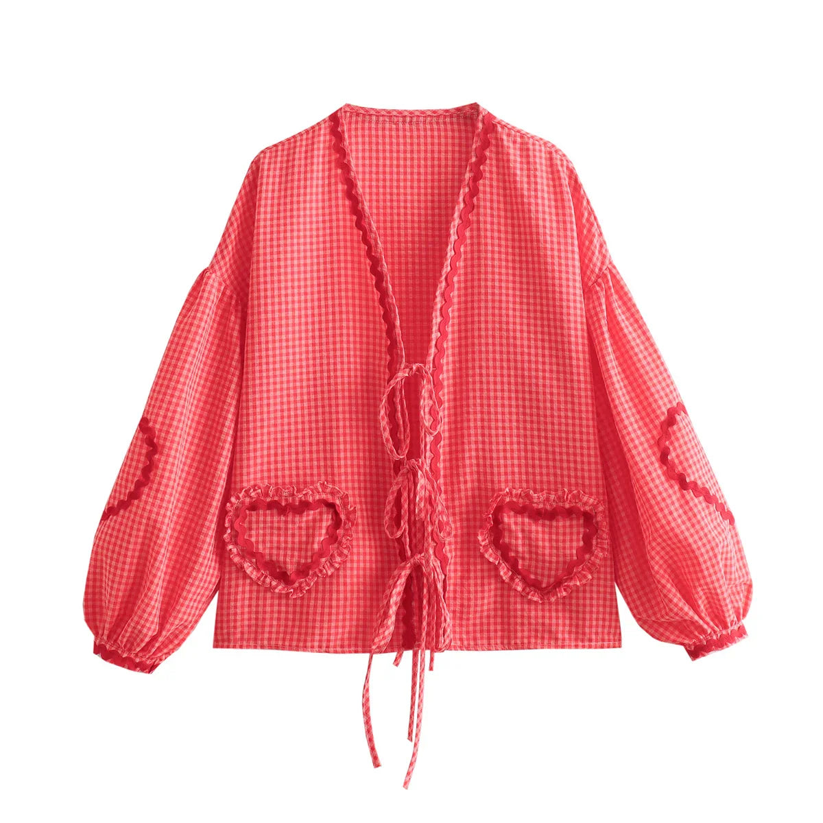 Vintage Women Loose Heart Pockets Shirts Fashion Ladies Casual V Neck Bow Buttons Blouses for Female Chic Tops Clothes ROSERED