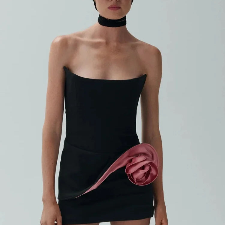VC Edgy Strapless Black Mini Dress with Pink Satin Ruffle for a Fashion-Forward Party Gown