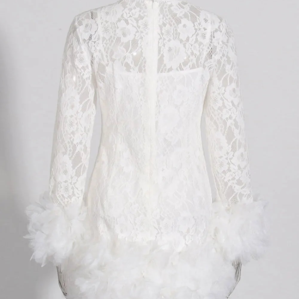 2024 Sexy Women's Black Lace Mini Dresses O-neck Long Sleeve Bodycon Stacked Mesh Design Dress Cocktail Evening Party Vestidos