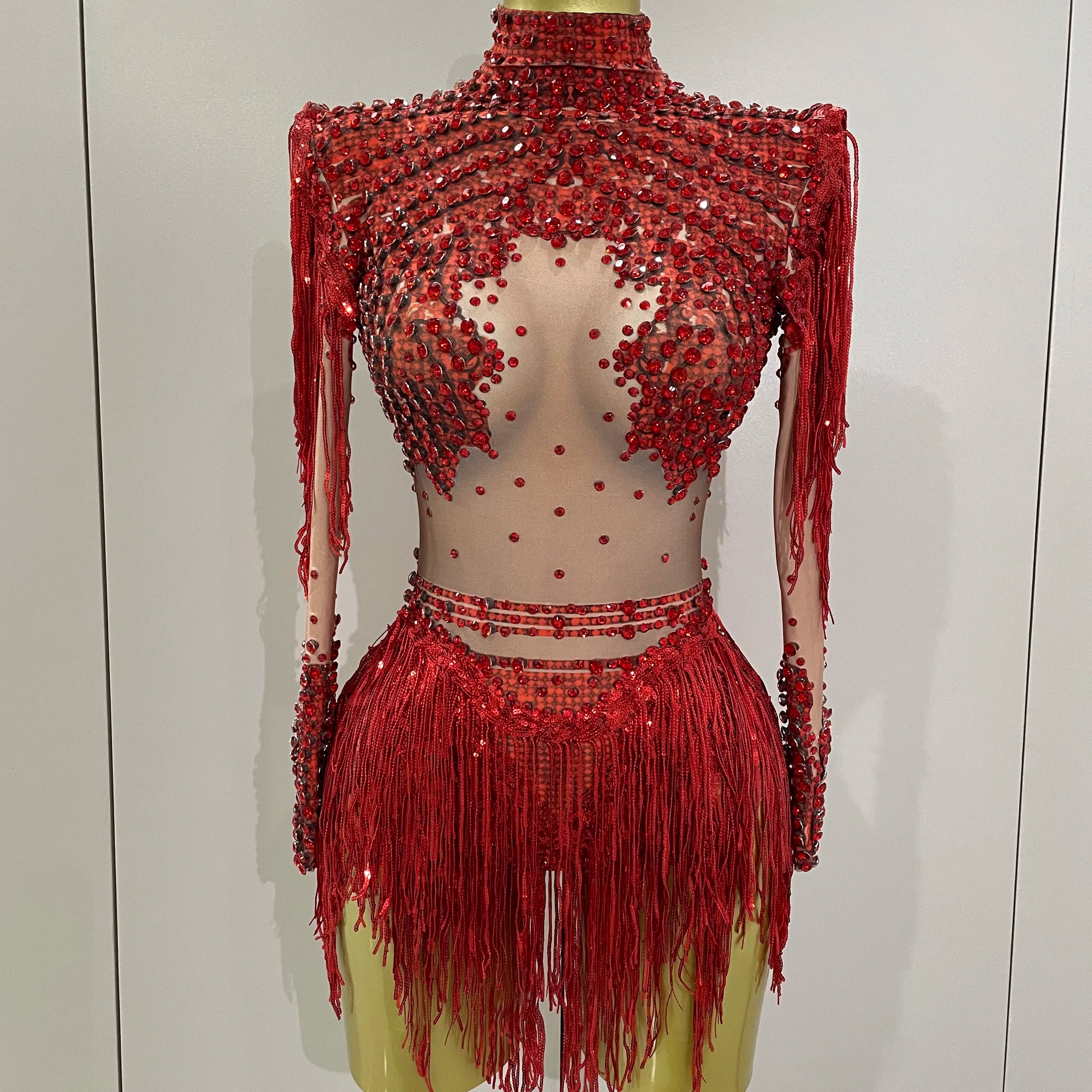 Sparkly Rhinestone Sequin Tassel Stretch Bodysuits 2025 Women Birthday Party Nightclub Dj Stage Performance Costume Red