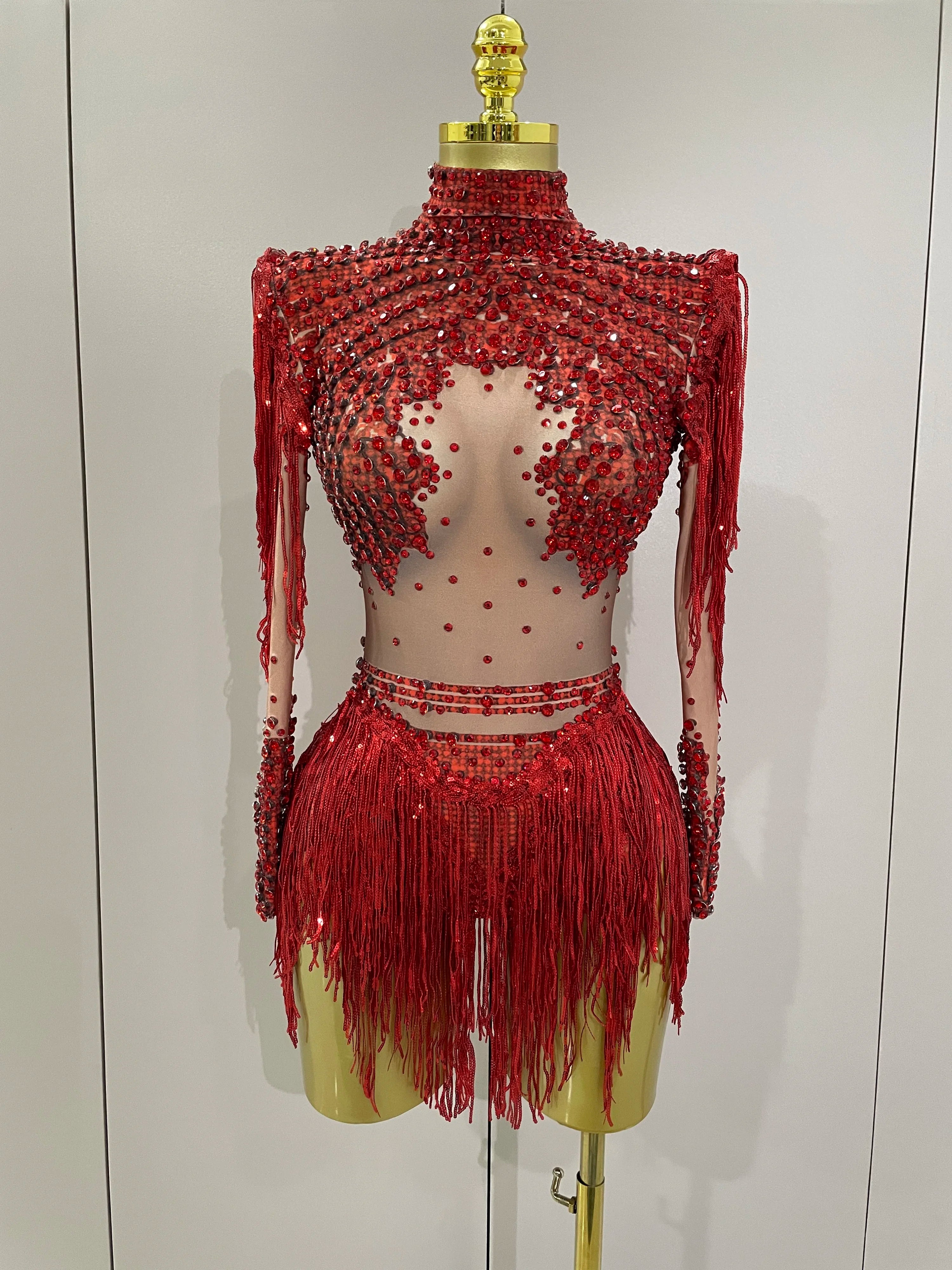 Women Sparkly Rhinestone Sequin Tassel Stretch Bodysuits 2025 Birthday Party Nightclub Dj Stage Performance Costume Red