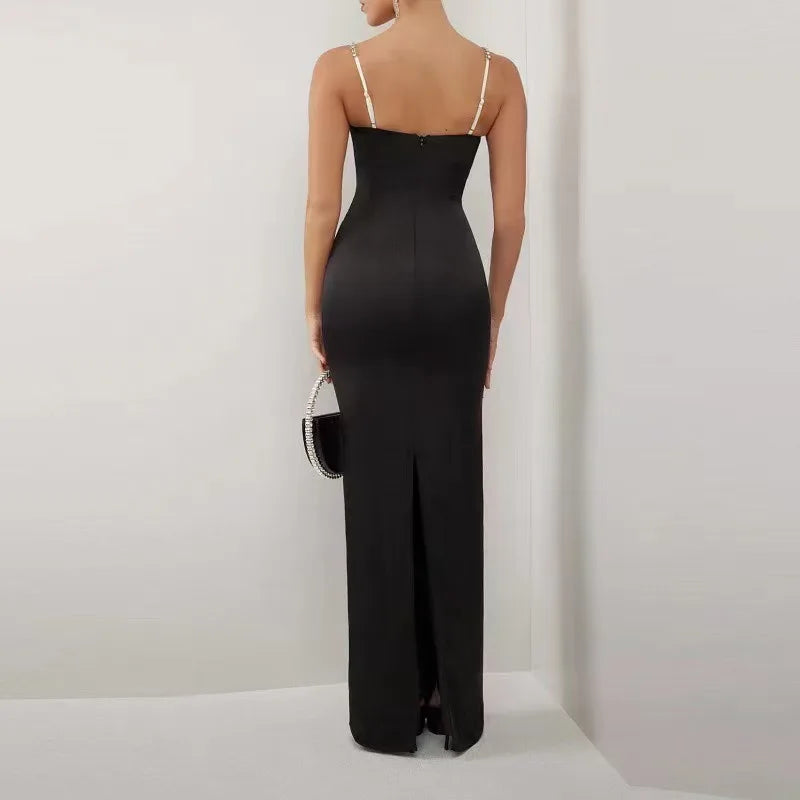 Black Red Color Women Sleeveless Sexy Strap Square Collar Bodycon Long Bandage Dress Fashion Celebrate Nightclub Party Outfit