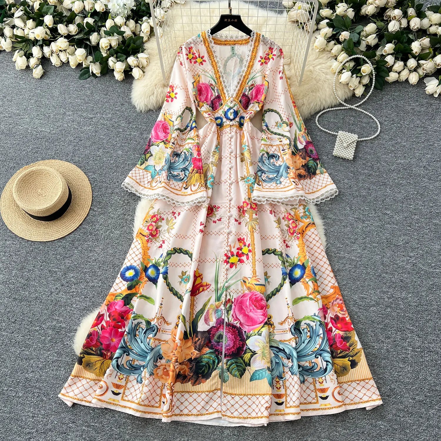 Elegant Floral Long Maxi Dresses Shirt Women Lantern Full Sleeve National Trench Print Single Breasted Lace Neck Party Vestidos Apricot