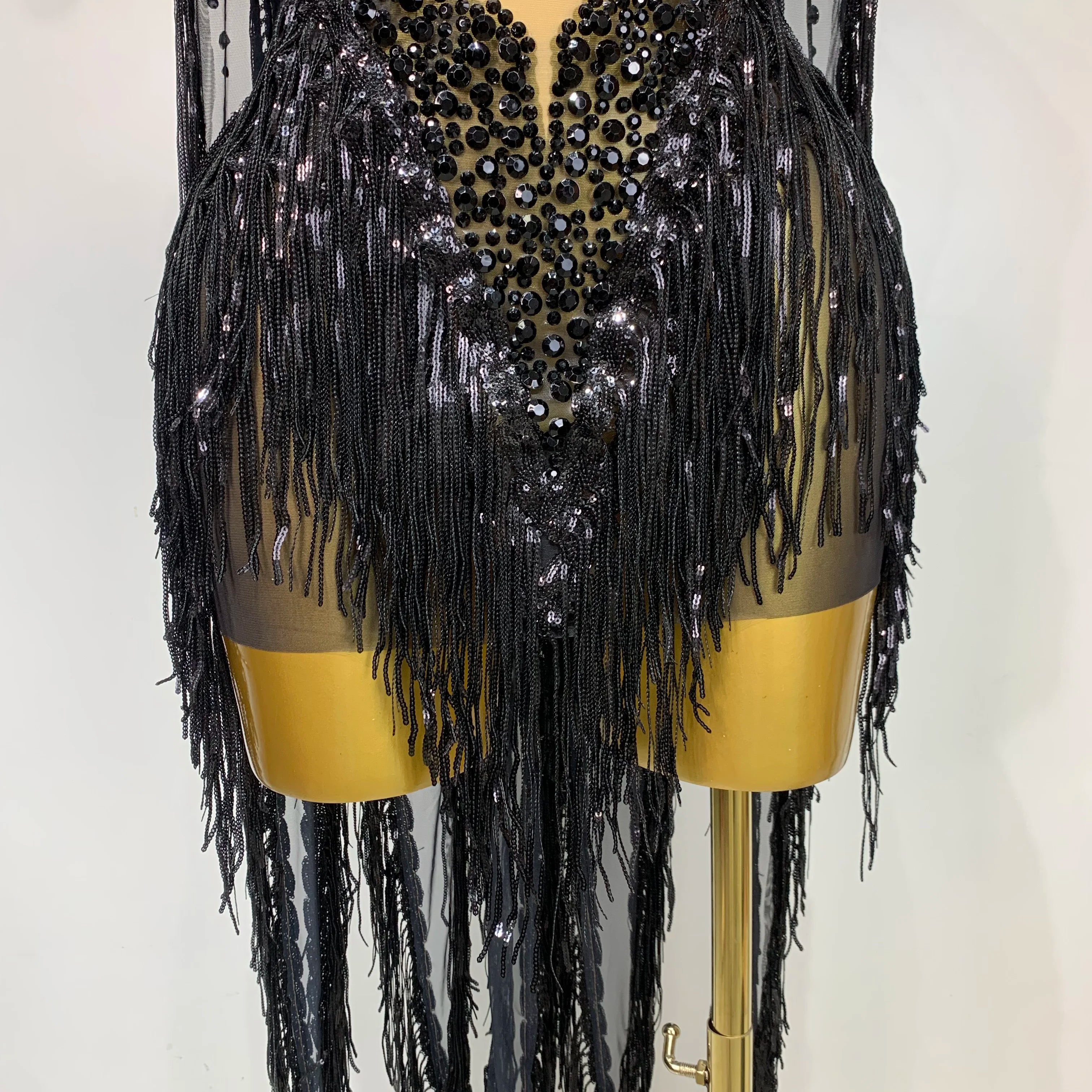 Sexy Sparkly Rhinestone Sequins Tassel Mesh Transparent Dress Women Evening Birthday Party Nightclub Dance Singer Stage Outfit