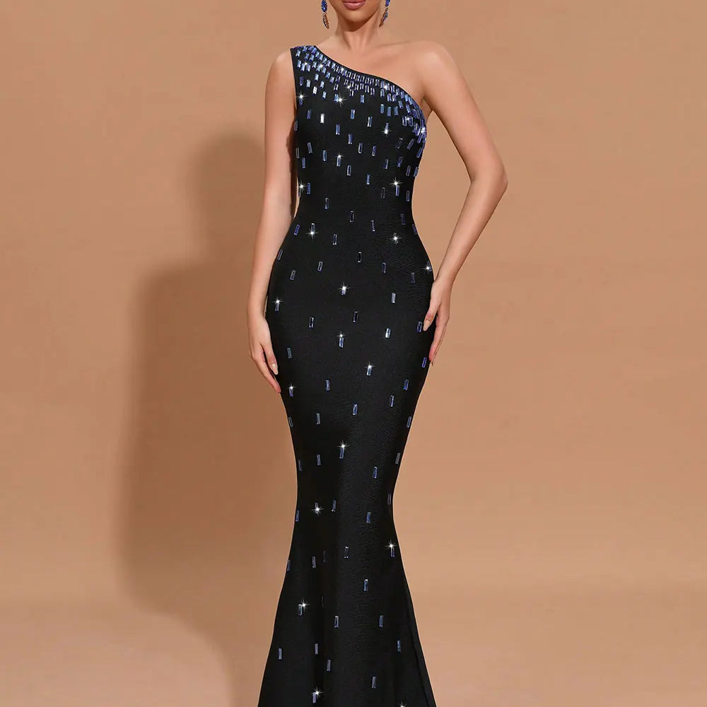 2024 Sexy Women Light Luxury Nail Bead Bandage Dress One Shoulder Slant Neck Sleeveless Bodycon Tail Dress Evening Party Vestido black