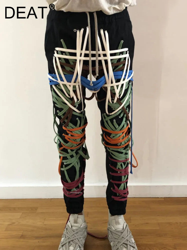 DEAT Autumn Elastic Drawstring Cross Full Length Slim Feet High Street Pants Trousers And Single Breasted jackets WN151