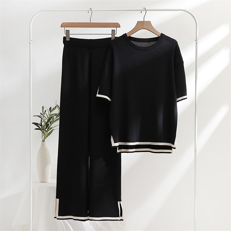 Two Piece Set Elegant Pants Sets Ice Knitted Summer Outfits For Women 2024 Short Sleeve Pajama Suit Black One Size