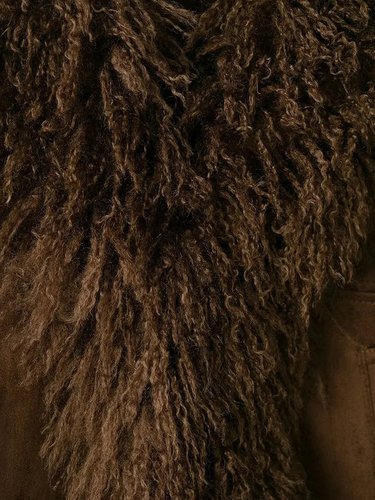 Women 2025 Autumn Winter New Solid Faux Fur Jackets Women Fashion Lapel Plush Coat Slim Elegant Patchwork Brown Short Coats