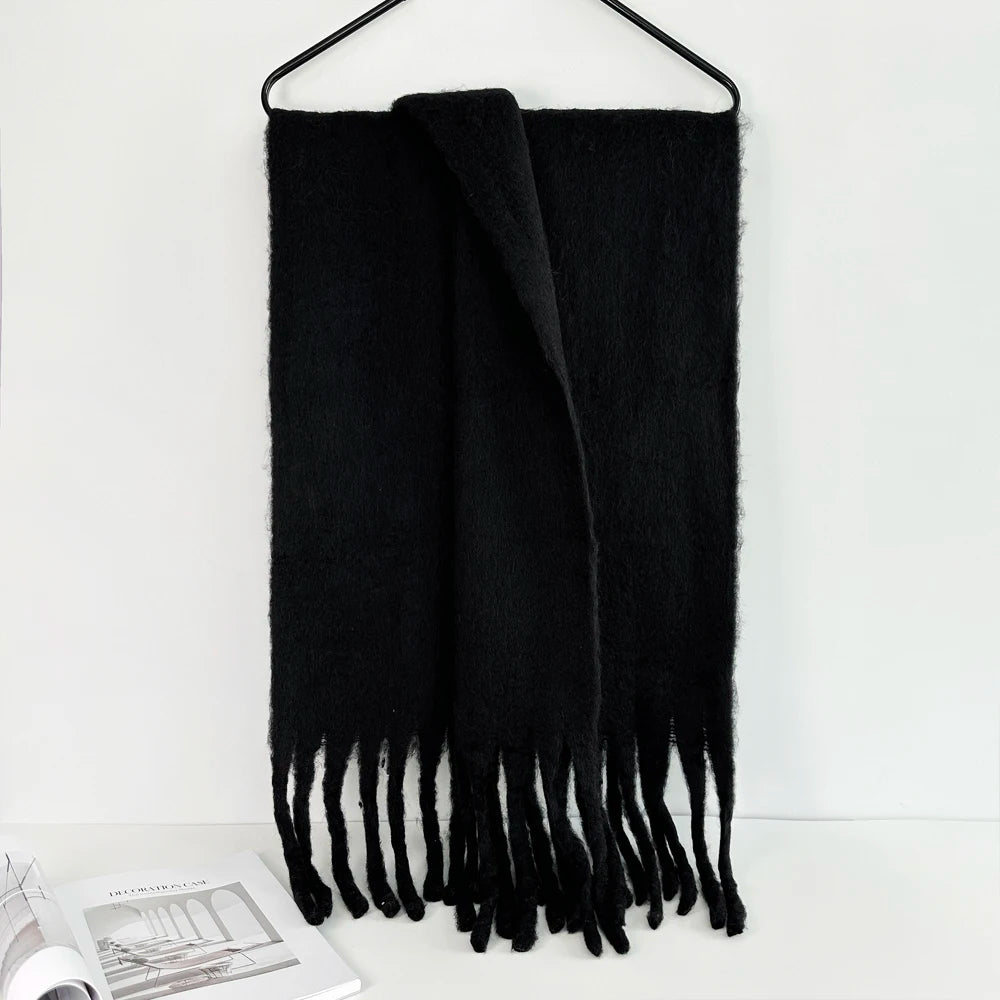 Winter Warm Scarf Women Girl Fashion Solid Color Shawl Stole Faux Cashmere Bandana for Lady 210*40cm Black
