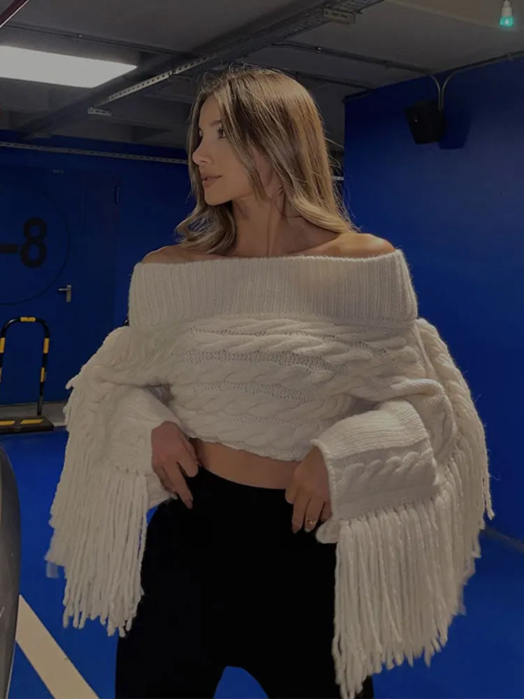 Thicken White Tassel Off Shoulder Sweater Women Elegant Slash Neck Long Sleeve Short Wool Pullover Winter Lady Knit Jumpers