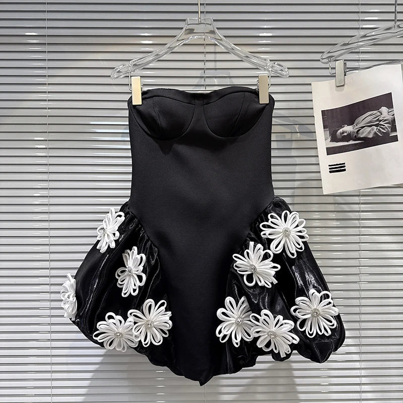 Winter New Sweet Three-Dimensional Flower Back Bandage Dress For Women Evening Party Strapless Dresses Female 11A07461 Black