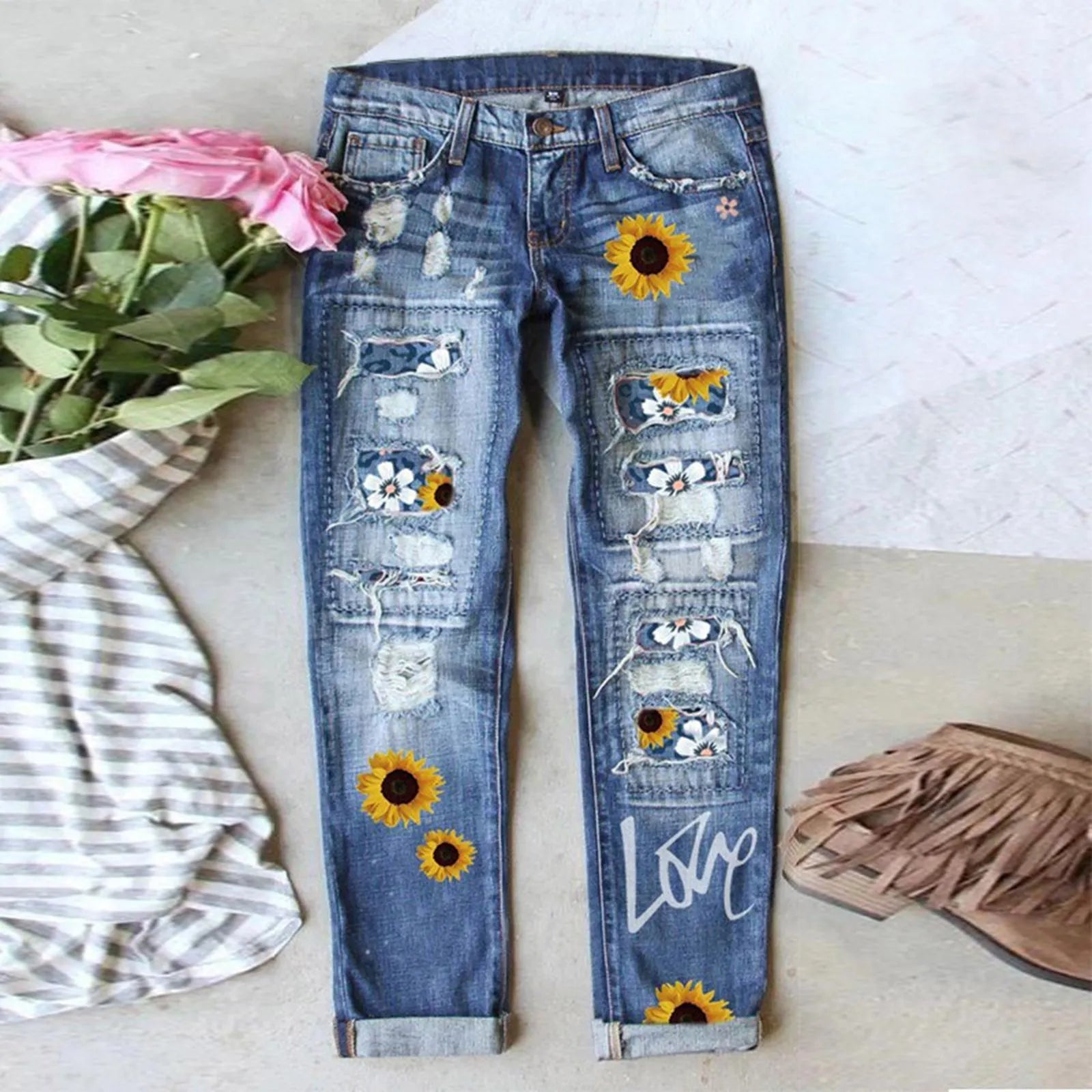 Women's Sunflower Print Ripped Jeans Patchworks Regular Fit Long Casual Denim Jeans Holes Trousers Streetwear Denim Pencil Pants 3-Blue