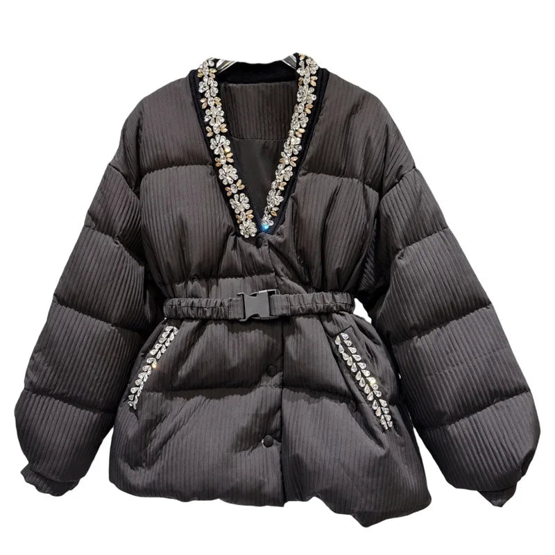 Winter New Fashion V-Neck Rhinestone Collar Belt Striped Fabric Warm Jacket For Women Cotton-padded Coat 11A07929