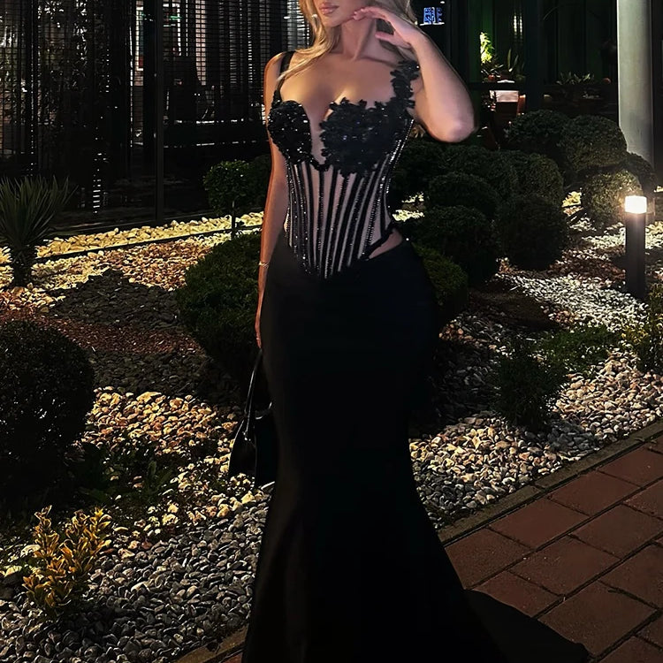 Glamorous Black Halter Sequin Flower Mesh Top Mermaid Dress for Galas Evening Gown