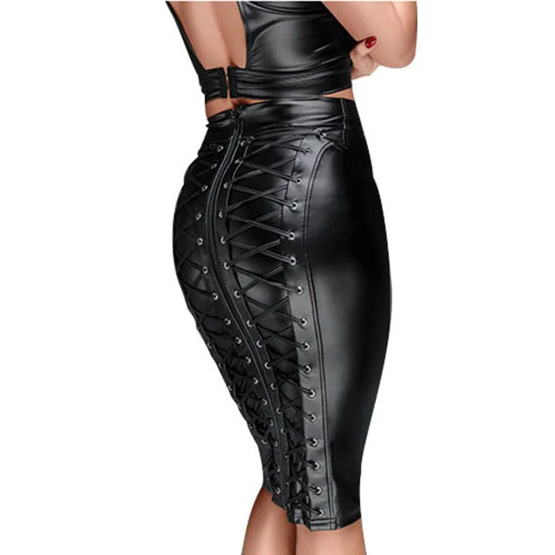 Womens Knee Length Stretch PU Leather Skirt Saia De Couro Jupe Latexwith Ties In Back 2023 Lace Up Zipper BandageLeather Skirts
