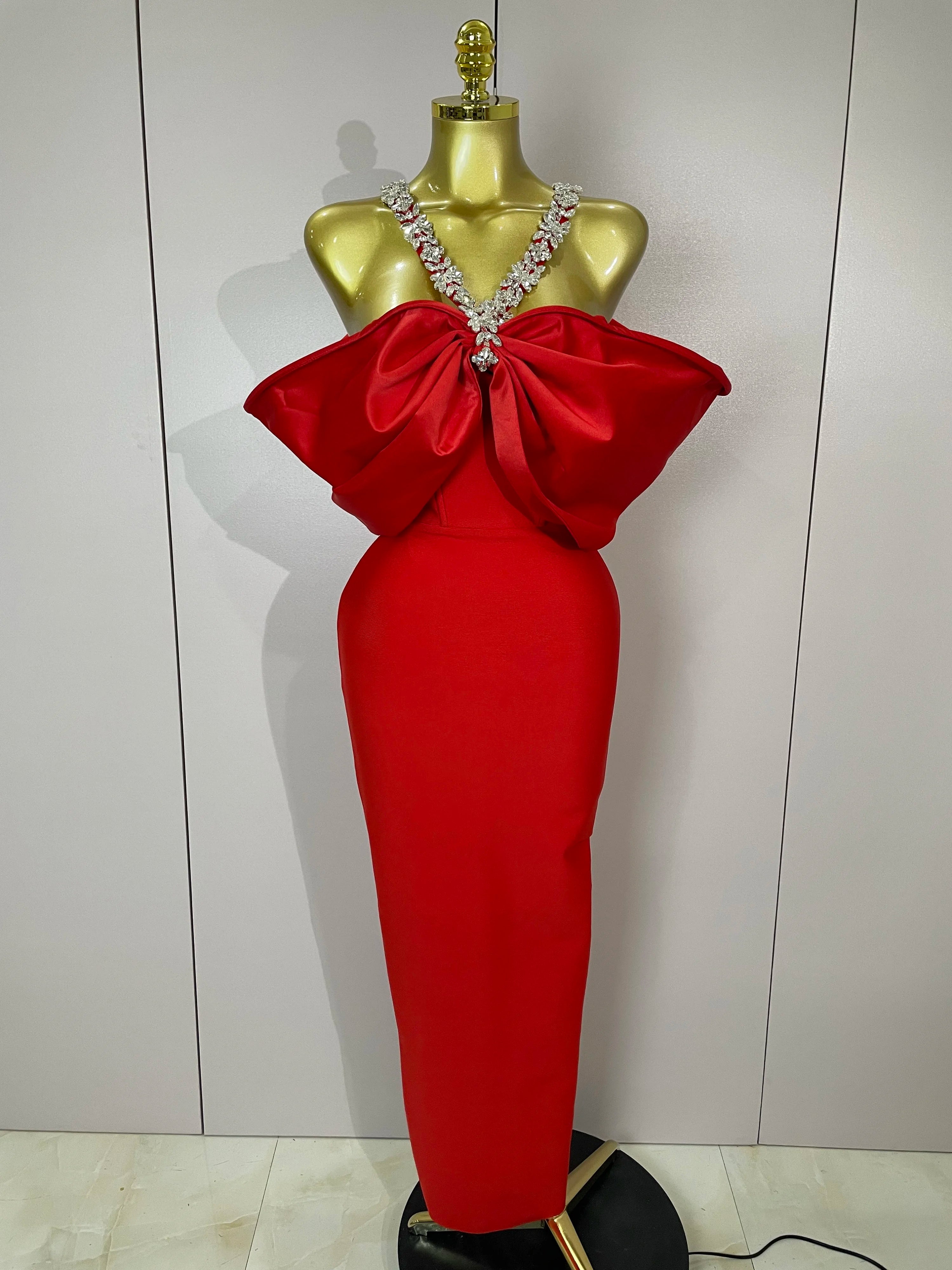 Luxury Rhinestone Chain Red Off Shoulder Vintage Butterfly Chic Bodycon Long Dress 2025 Elegant Evening Party Birtyday Clothing Red