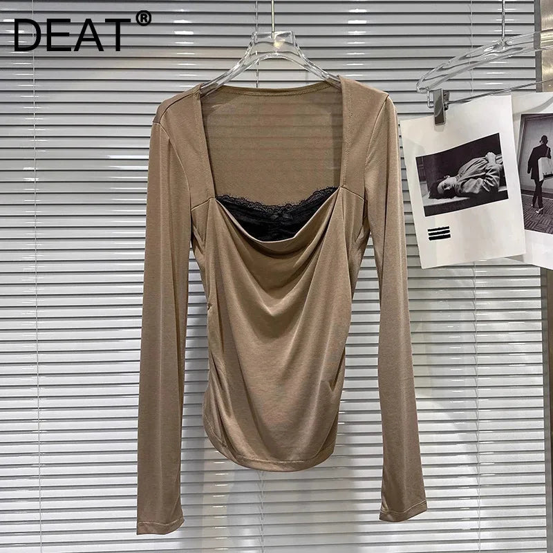Winter New Niche Design Square Neck Lace Edge Design Long Sleeve Base T-Shirt For Women Slim Fit Top Female 11A07699