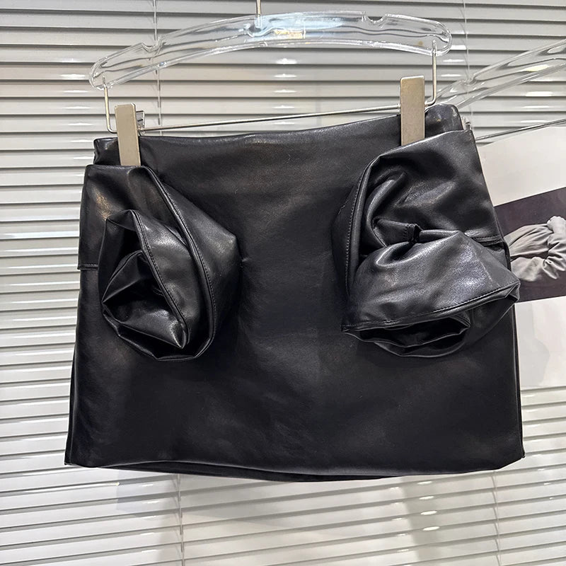 Winter New Street Style Fashion PU Leather Shirt Jacket For Women Three-Dimensional Pleated Floral Skirts 11A07730 only Skirt