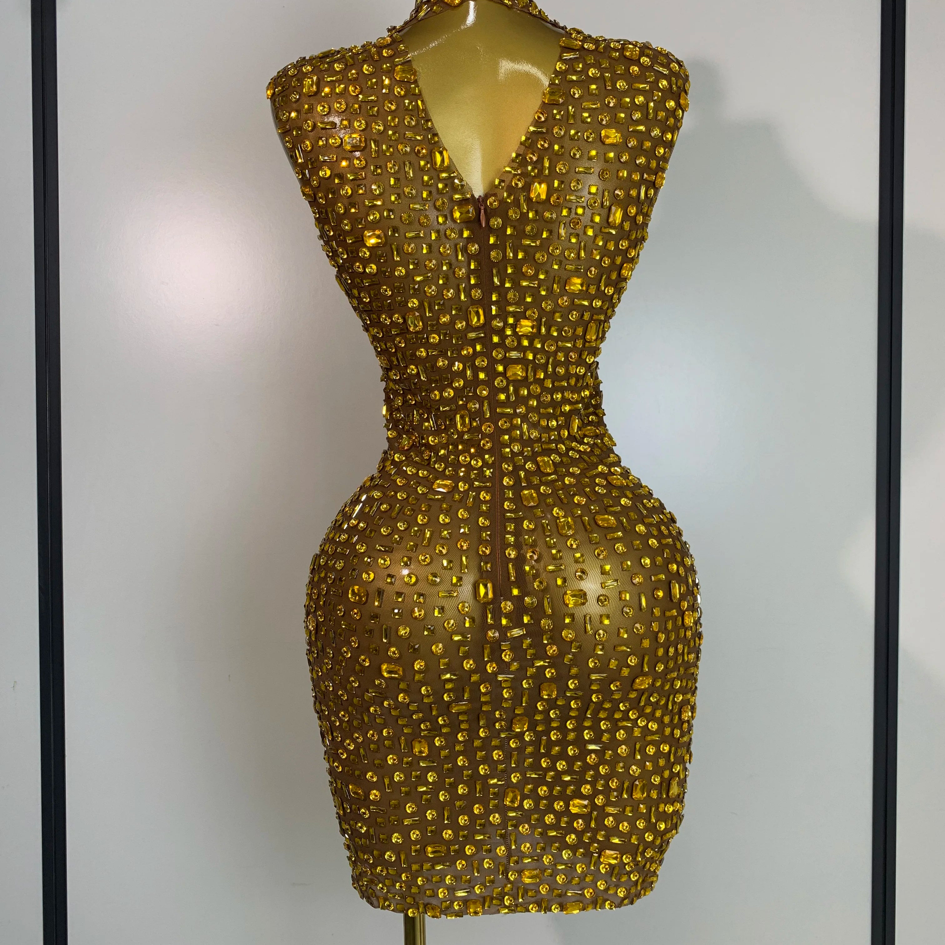 Women Luxury Gold Rhinestone Sexy Mesh Short Dress Sparkly Stage Costume Elegant Party Birthday Dresses Nightclub Singer Outf