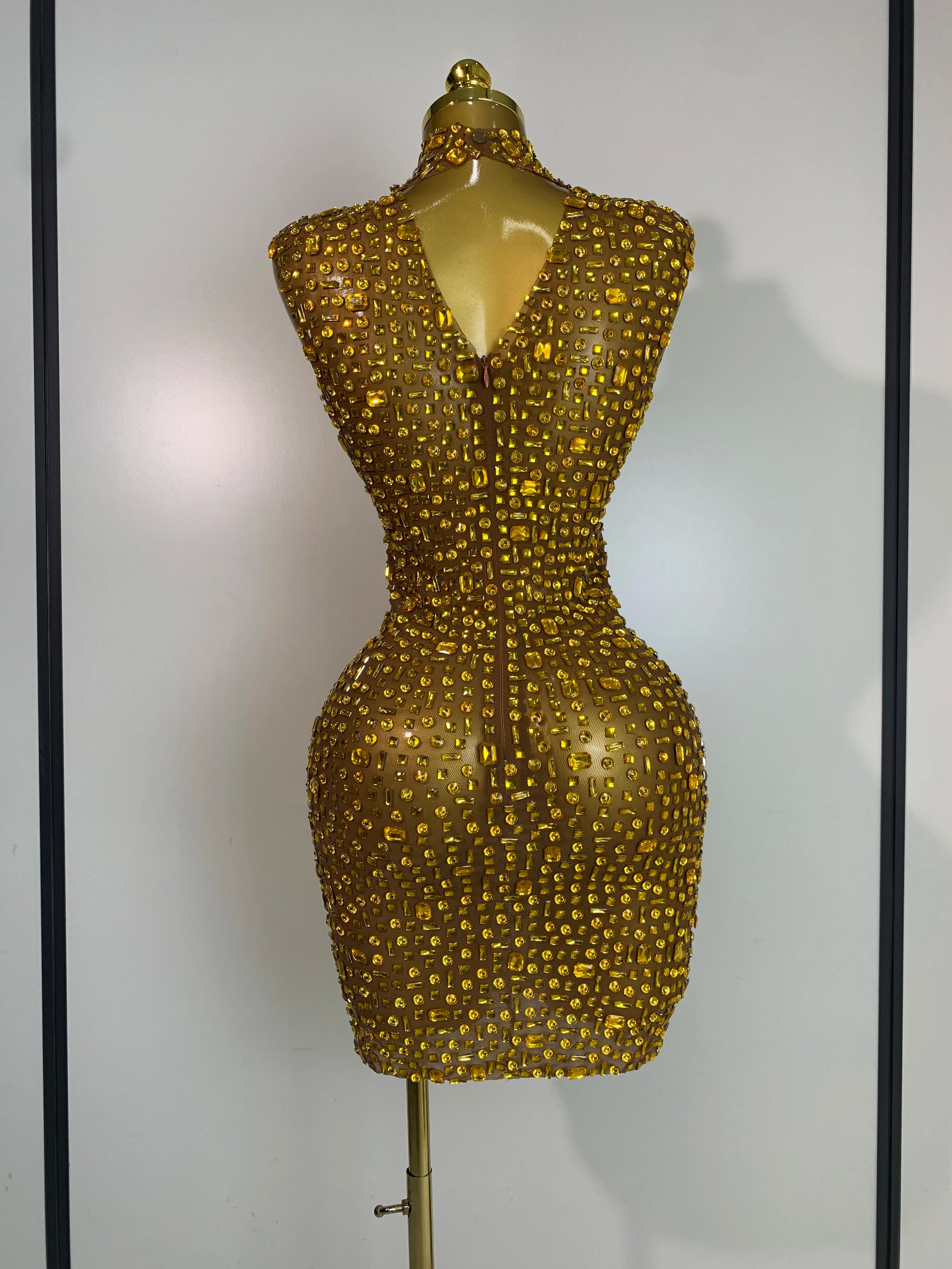 Women Luxury Gold Rhinestone Sexy Mesh Short Dress Sparkly Stage Costume Elegant Party Birthday Dresses Nightclub Singer Outf