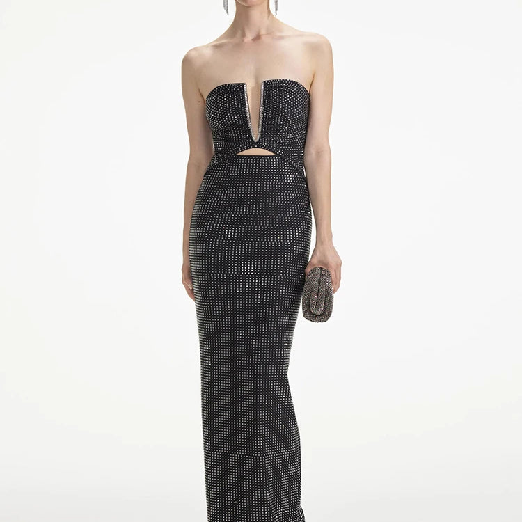 Strapless V Neck Sparkling Diamonds Bandage Long Dress Women Black Sleeveless Backless Shiny Bodycon Celebrity Evening Gowns