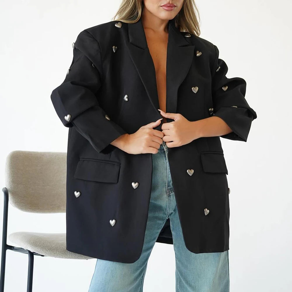 Elegant Spliced Heart Blazers For Women Notched Collar Long Sleeve Patchwork Pockets Chic Blazer Female Fashion New BLACK