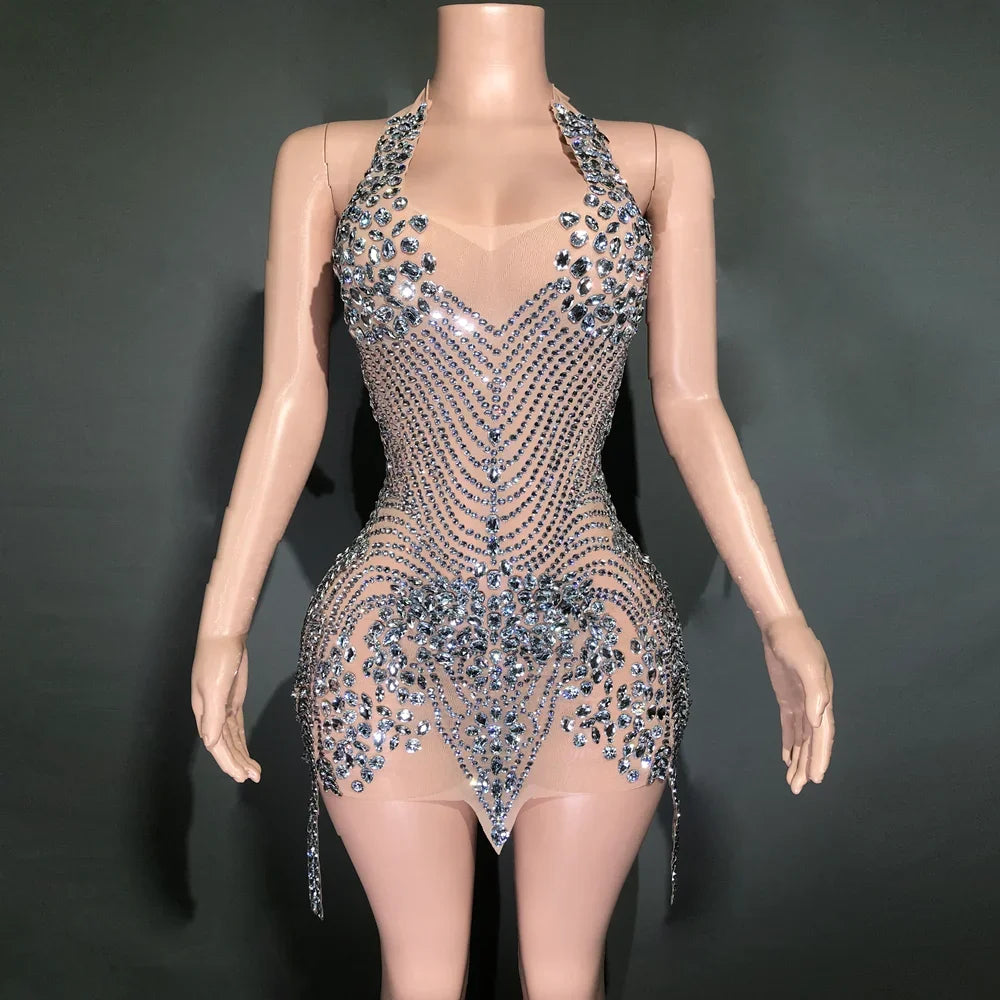 Sparkly Rhinestones Evening Prom Celebrate Birthday Dress Sexy Halter Backless Mesh Velvet Short Dress Performance Stage Wear GRAY