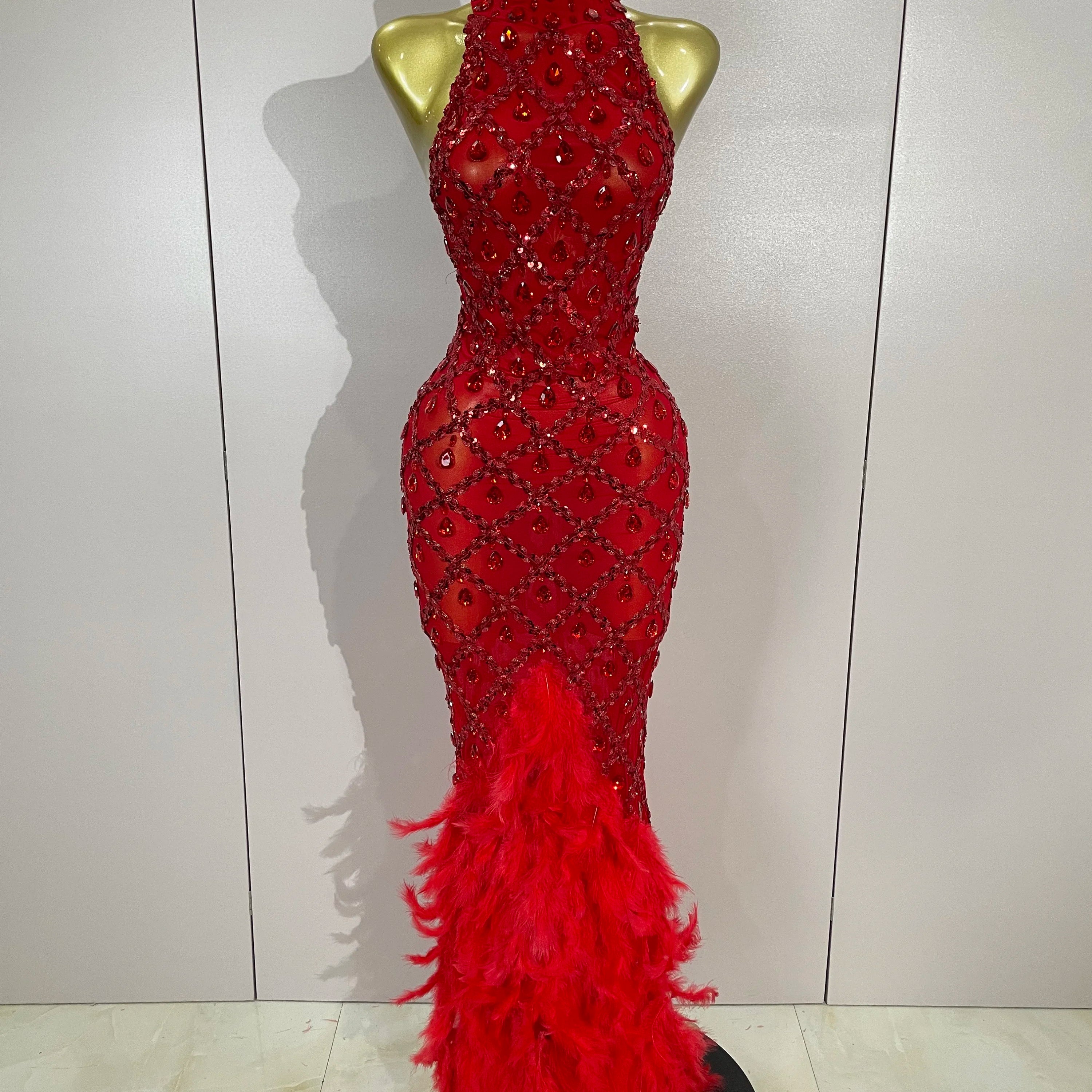 Luxury Shining Gold Rhinestones Feather Sexy Mesh Long Dress Women Birthday Evening Red Carpet Fashion Show Gown Stage Costume Red