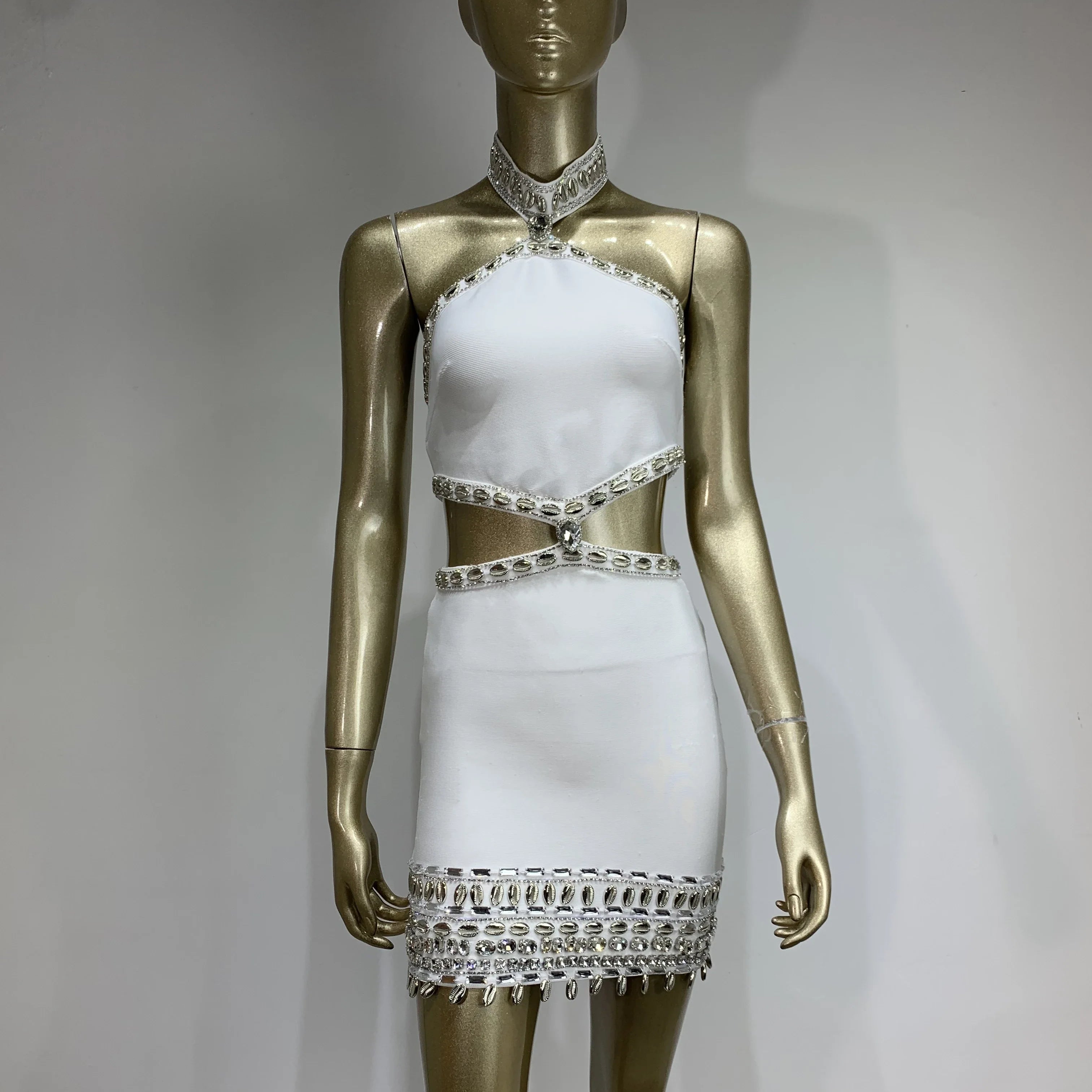 Women Celebrity Sexy Cut Out Halter White Diamonds Crystal Mini Bodycon Bandage Dress Elegant Evening Club Party Outfit