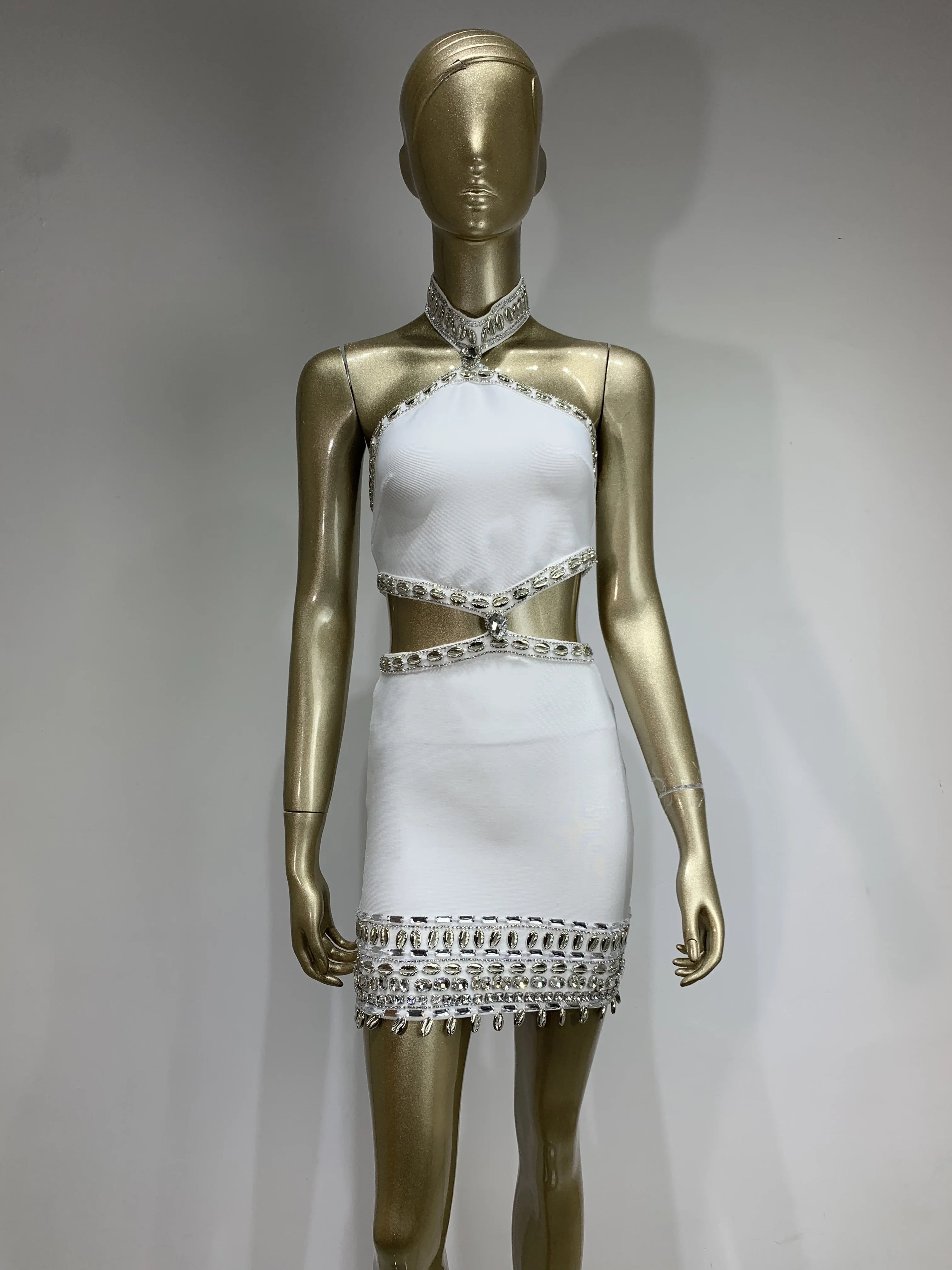Women Celebrity Sexy Cut Out Halter White Diamonds Crystal Mini Bodycon Bandage Dress Elegant Evening Club Party Outfit