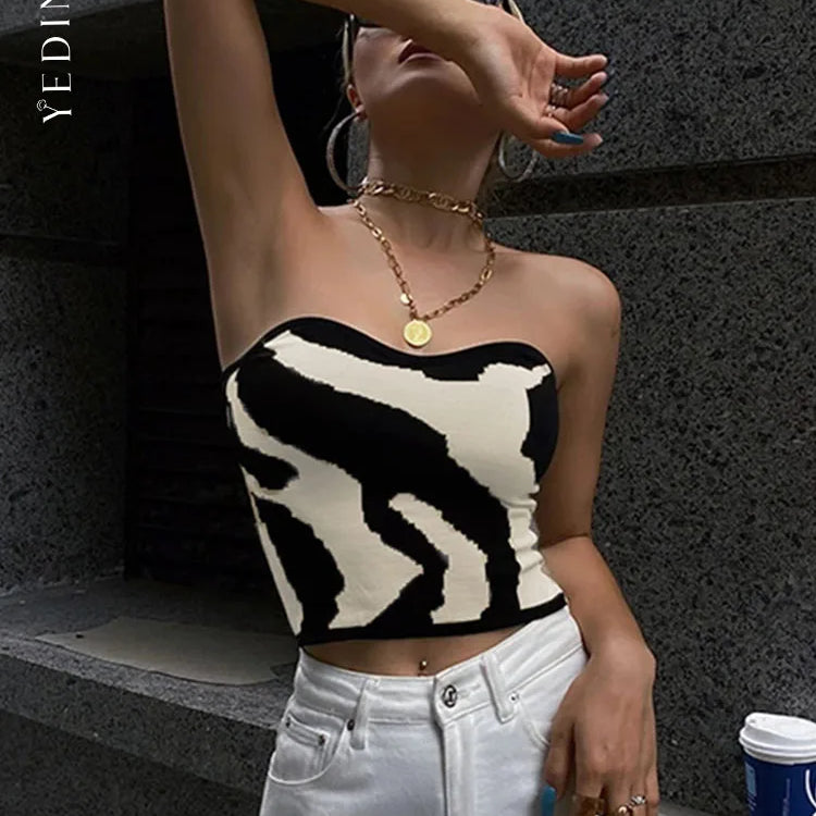 Yedinas Streetwear Patchwork Slim Cropped Feminino Sleeveless Tank Top Women Sexy Skinny Top Femme Corset Tube Korean Style 2022