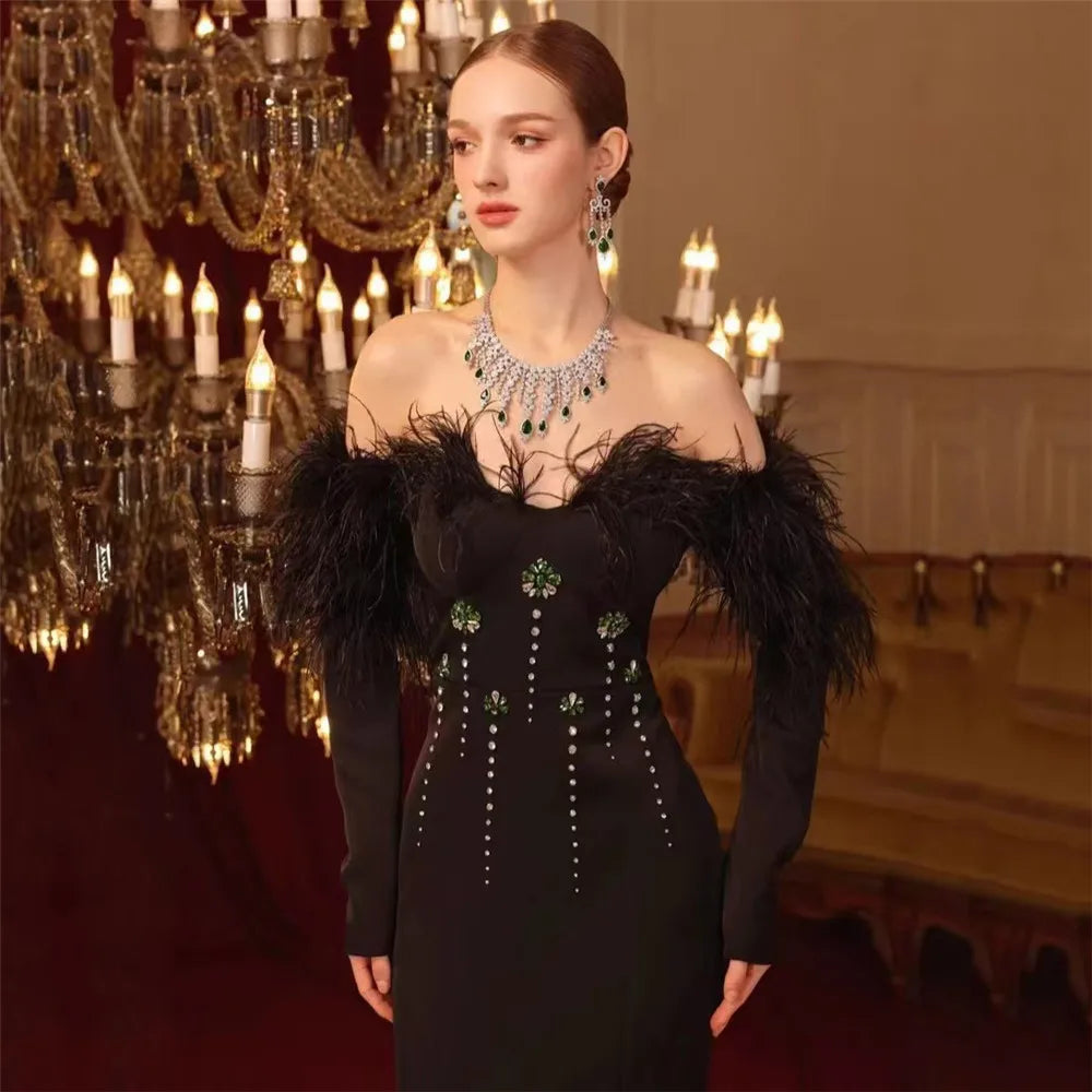 Women Long Sleeve Sexy Off the Shoulder Feathers Shinning Crystal Bodycon Long Bandage Dress Evening Party Cocktail Outfit