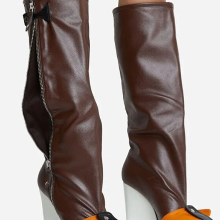 Punk Fan Motorcycle Boots Wome's Zipper Thick Sole Knee High Boots European and American Trend Nightclub Party brown white heel