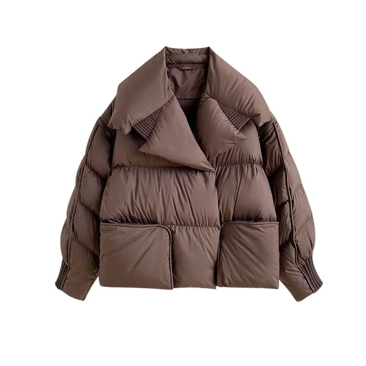 Luxury Design pockets zipper cropped down jacket for women Winter Warm Knit patchwork puffer coat Oversize INKEO DJ054 Brown