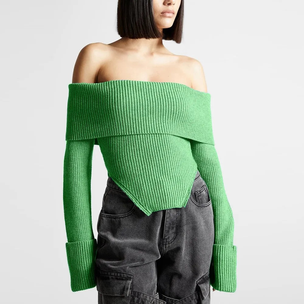 Solid Temperament Sweaters For Women Slash Neck Long Sleeve Tunic Irregular Minimalist Sweater Female Fashion Style GREEN
