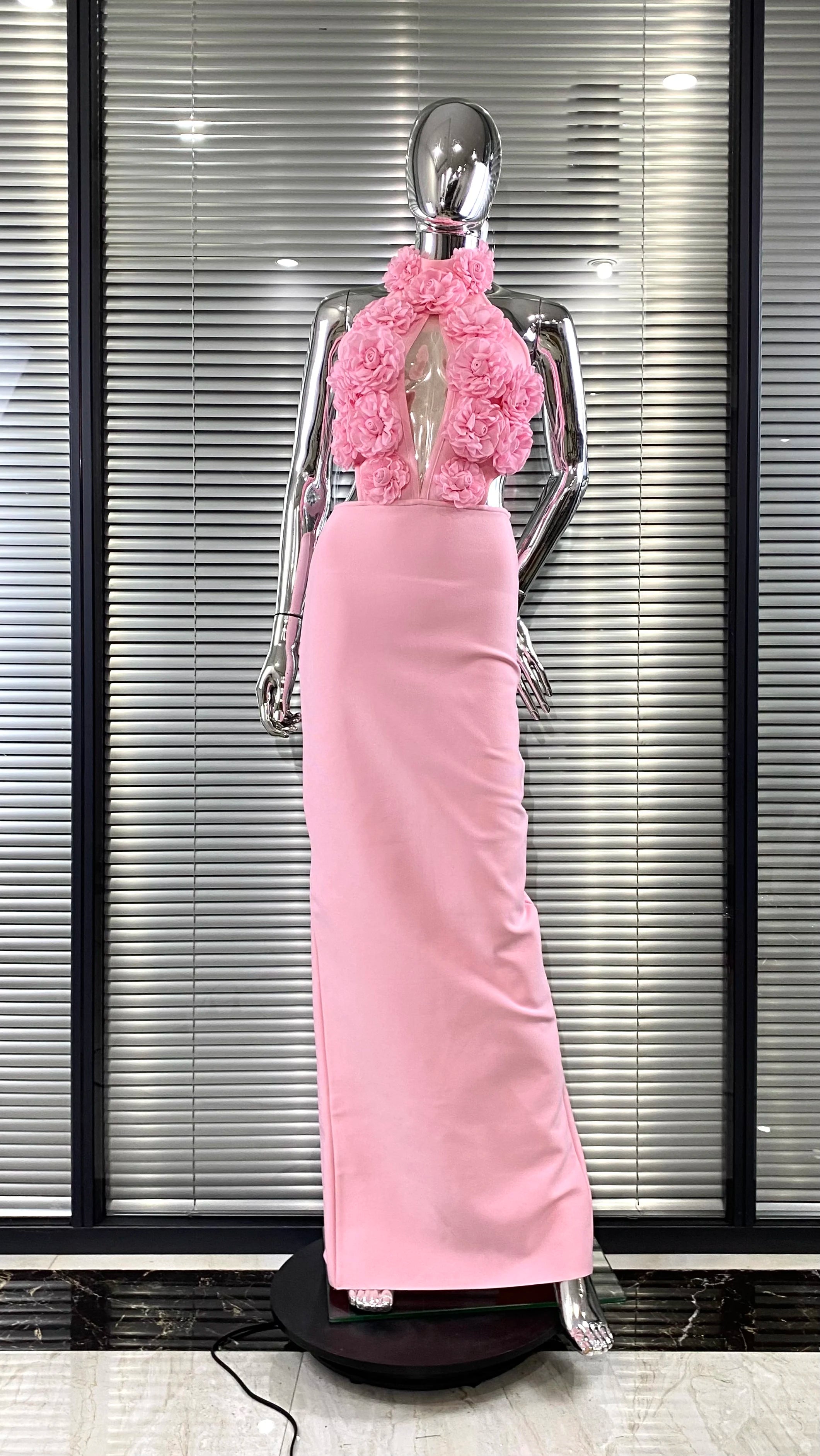 New Summer Sexy Halter Sleeveless Package Hips Ankle Lenght Bandage Dress Graceful Woman Party Dress Cocktail Party Vestido Pink