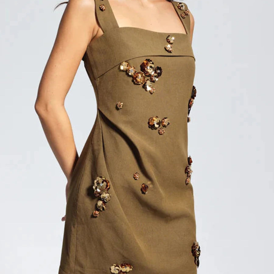 Solid Slimming Fashion Mini Dresses for Women Square Neck Sleeveless Patchwork Sequins Temperament Dress Female New