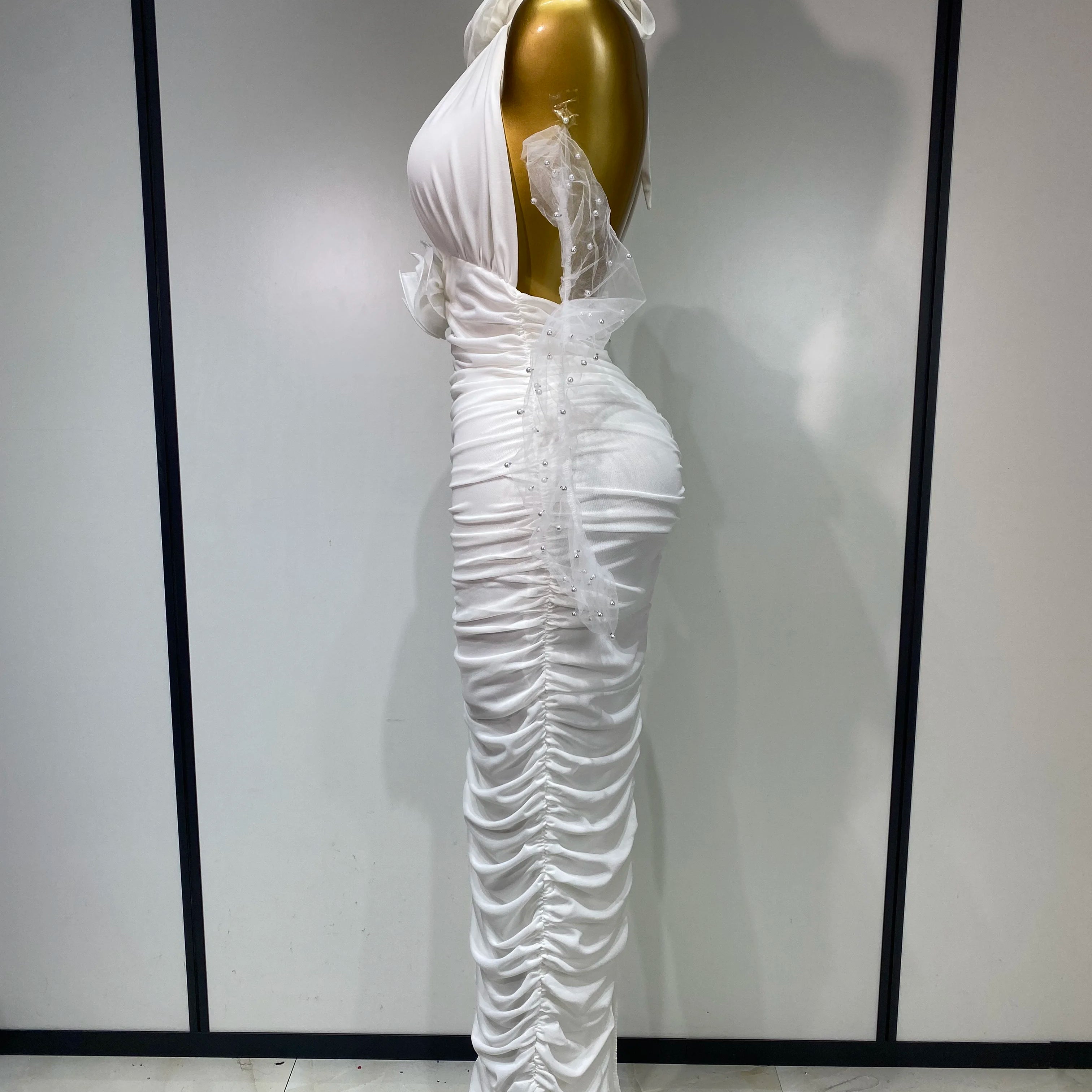 Women Sexy Cut Out Flower Pleated Bodycon Long Dress Celebrity White Elegant Evening Party Cocktail Luxury Birthday Dress