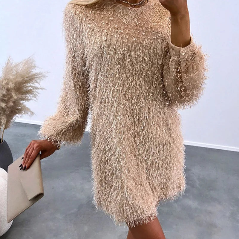 Women Dresses Spring Fashion Fluffy O-Neck Casual Plain Long Sleeve Daily Mini Straight Dress Woman Clothing Khaki